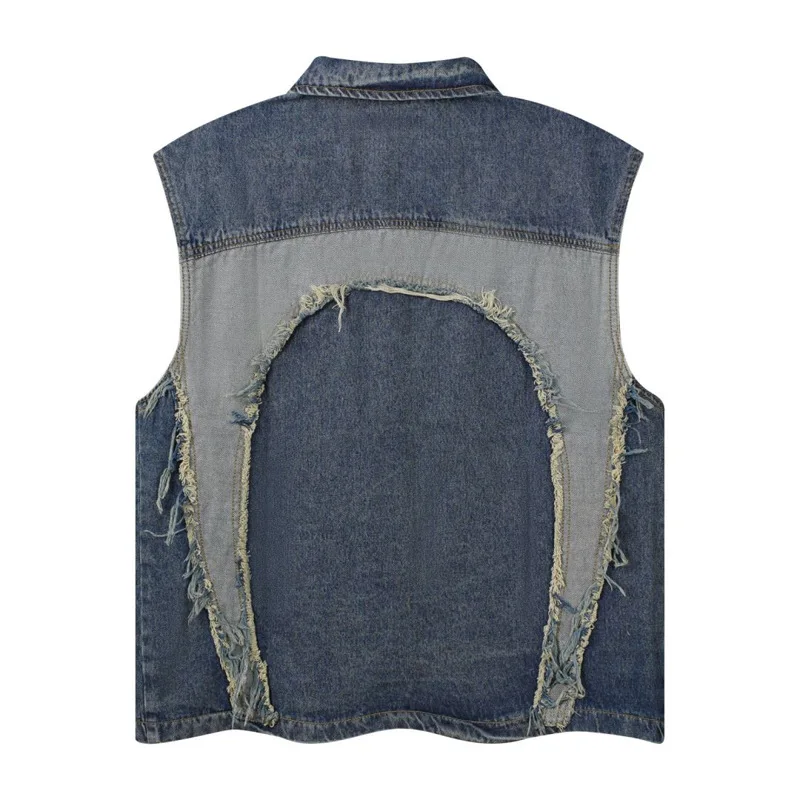 European and American mens Lapel Sleeveless Denim Jacket Cropped Baggy Vintage Washed Jean Vests Raw Edges Oversized Y2k