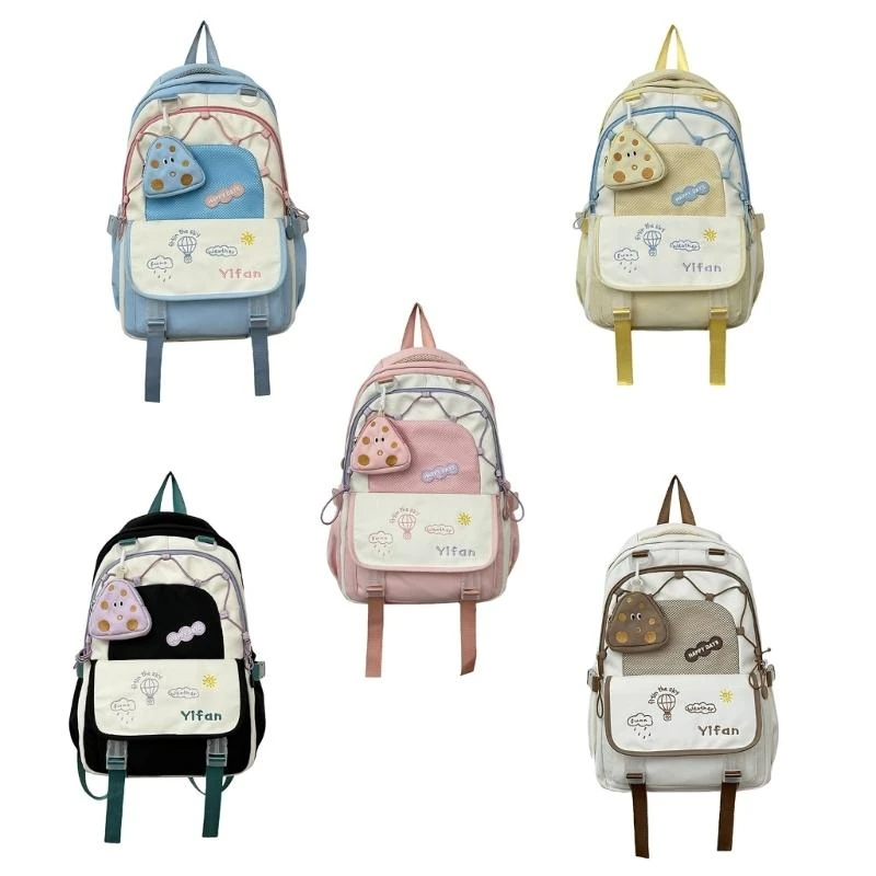 

F19F Trendy Book Bag for Middle School Girls with Coin Purse Contrast Backpack