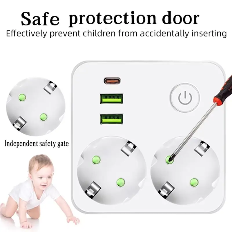 B29C-Wall Socket With 2 AC Outlets 2 USB Ports 1 Type-C Electrical Switch For Home EU Plug