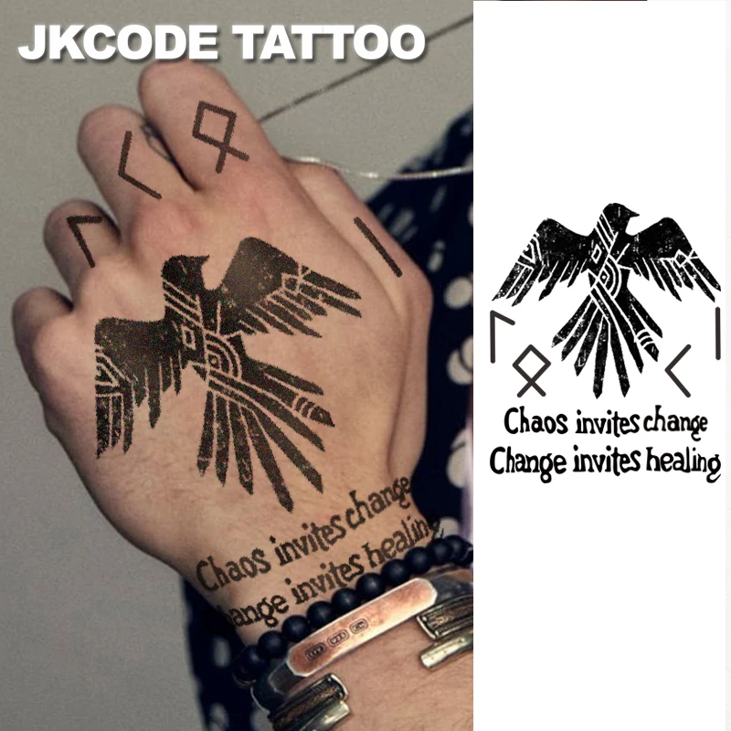 Tatouage à base de plantes Totem de la paix Viking antique - Corbeau - Texte ancien "Change Can Heal" Design Tatouage au doigt Style foncé Main Cou Tatouage au doigt Style cool pour hommes et femmes Totem Autocollant de tatouage polyvalent longue durée imperméable pour 15 jours