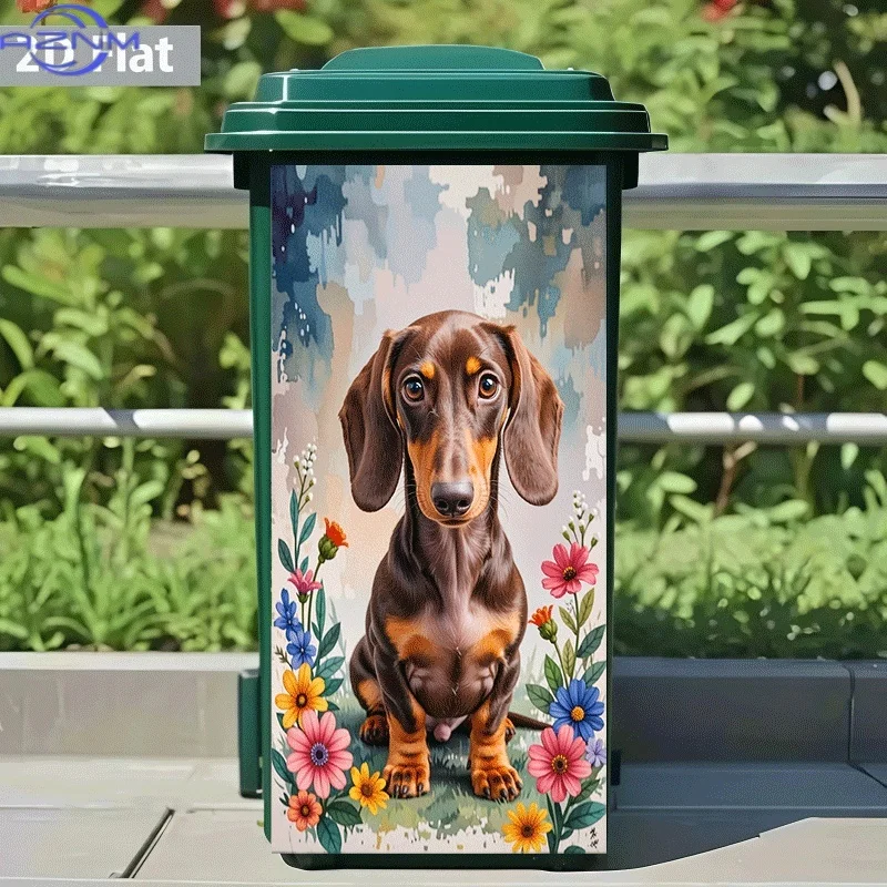 [2D Flat Printing] 1pc Trash Can Sticker [Title Translated, Do Not Change] Dachshund in Flower Theme Design Wall Sticker Decor