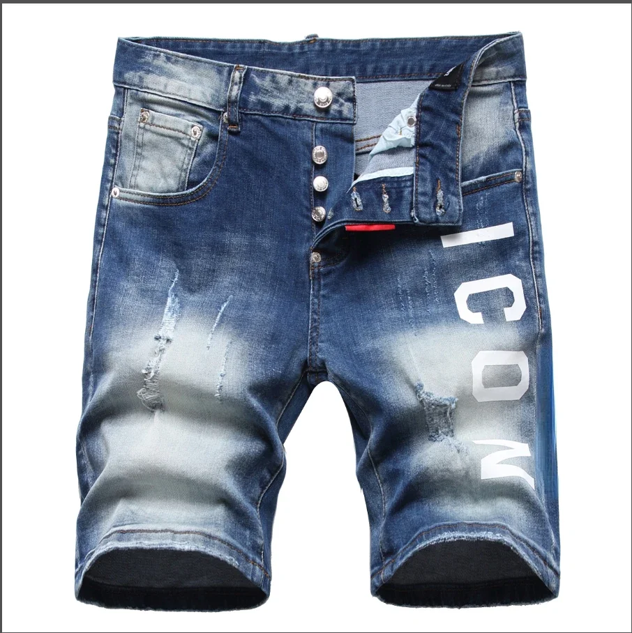 

2024 Mens Ripped Jeans High-quality Luxury Brand Men Street Slim Fit Jeans Male Stretch Skinny Blue Denim Shorts Size 44-58