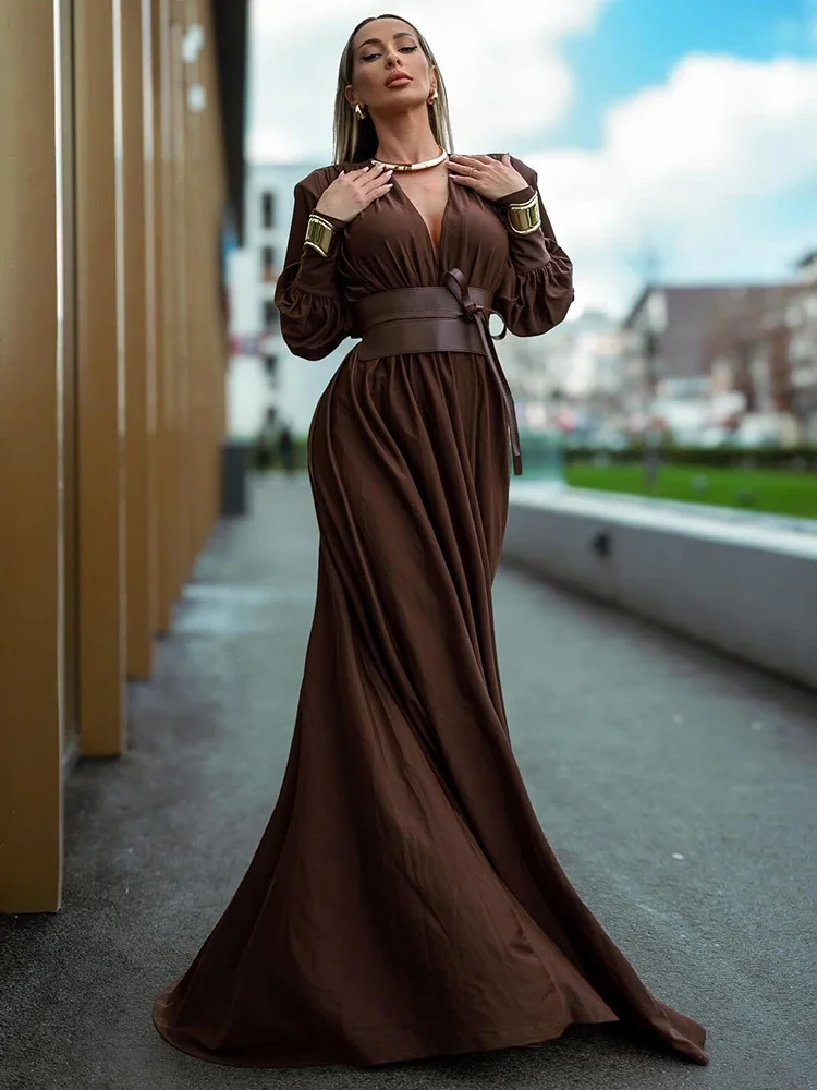 

2024 Spring Fashion Dress for Women Plunging V Neck High Waist Belt Long Sleeves Wedding Party Brown Gown