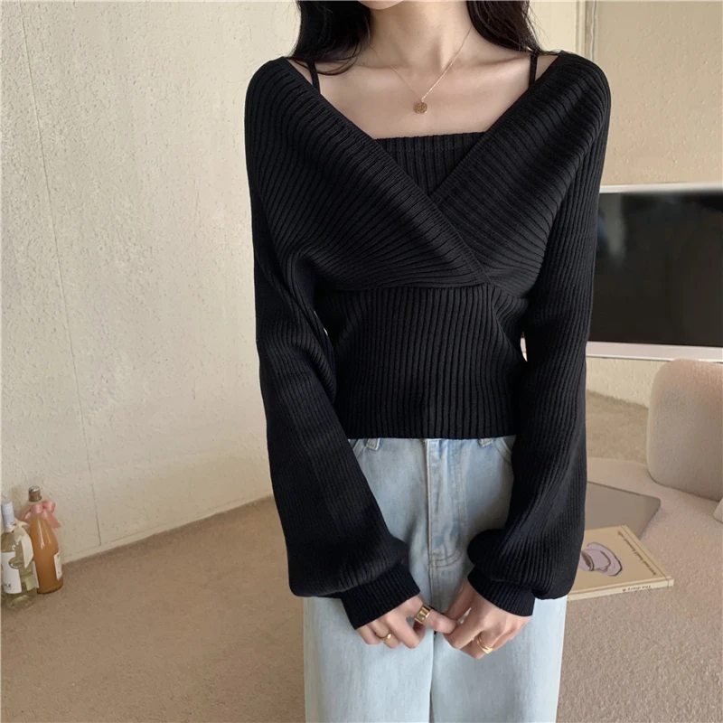 Christmas Red Pullovers Fake Two Pieces for Women Xmas Solid Cross V-neck Slip Off Shoulder Sweater Sexy Lady Slim Knitshirt Top