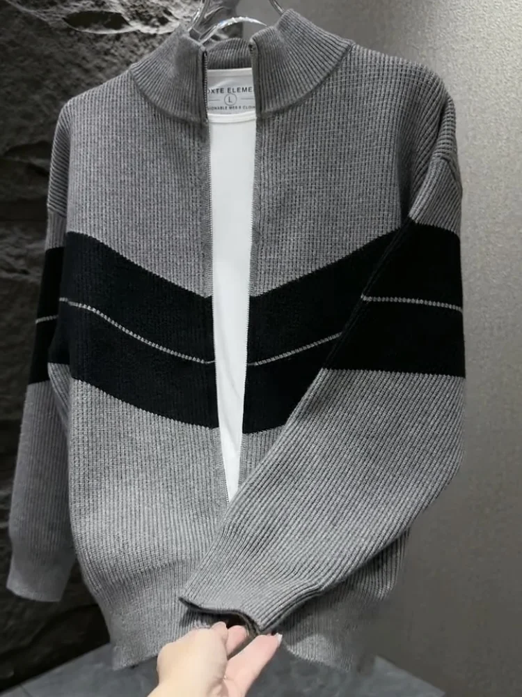 

Fall Winter New Sle Casual Men's Knitted Cardigan Sweater Luxury Color Blo Stand Collar Versatile Comfortable Long Sve...