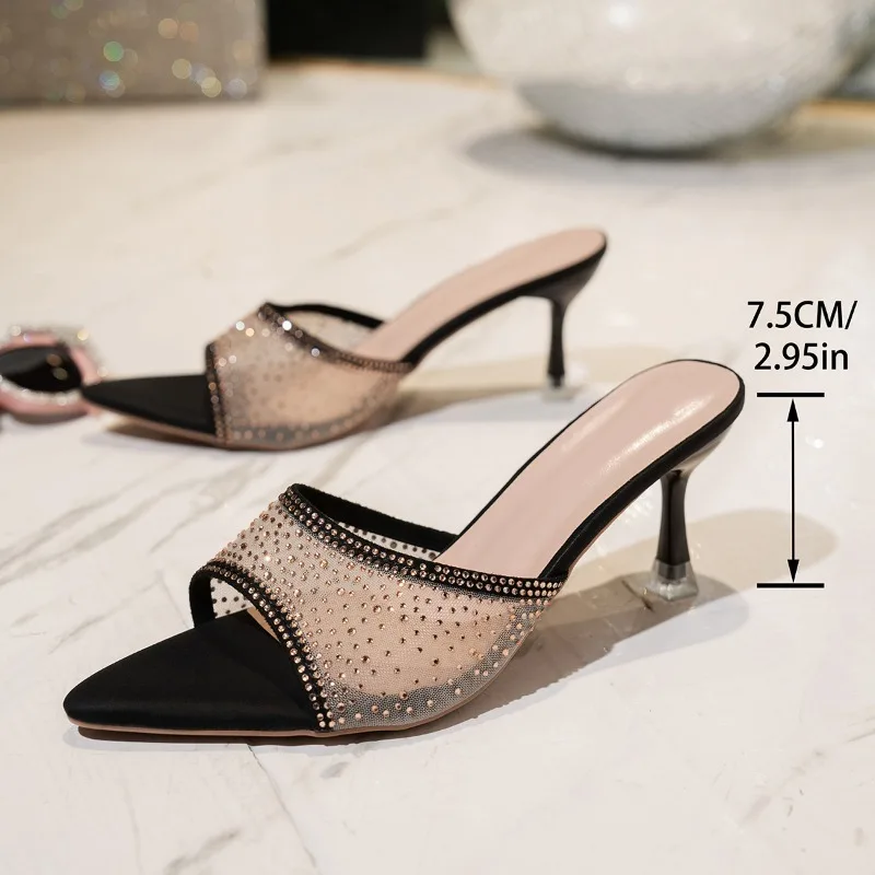 NOVEDAD DE VERANO 2025, Sandalias de tacón alto para mujer, zapatillas de tacón de aguja con diamantes de imitación, vestido Sexy con punta abierta, sandalias deslizantes de lujo para chica