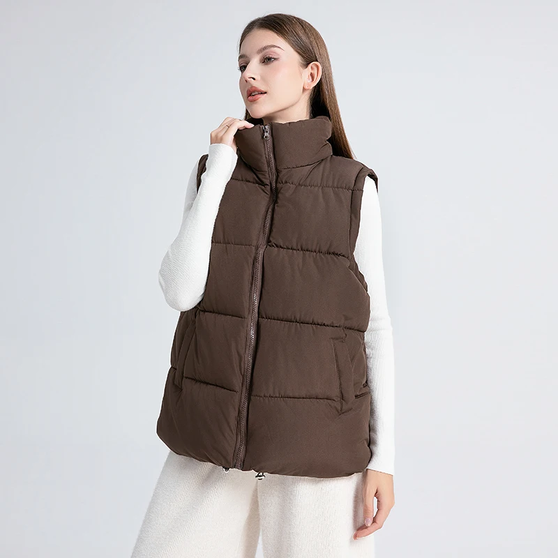 Colete Puffer feminino sem mangas, jaqueta de algodão sólido, gola acolchoada, casaco de inverno