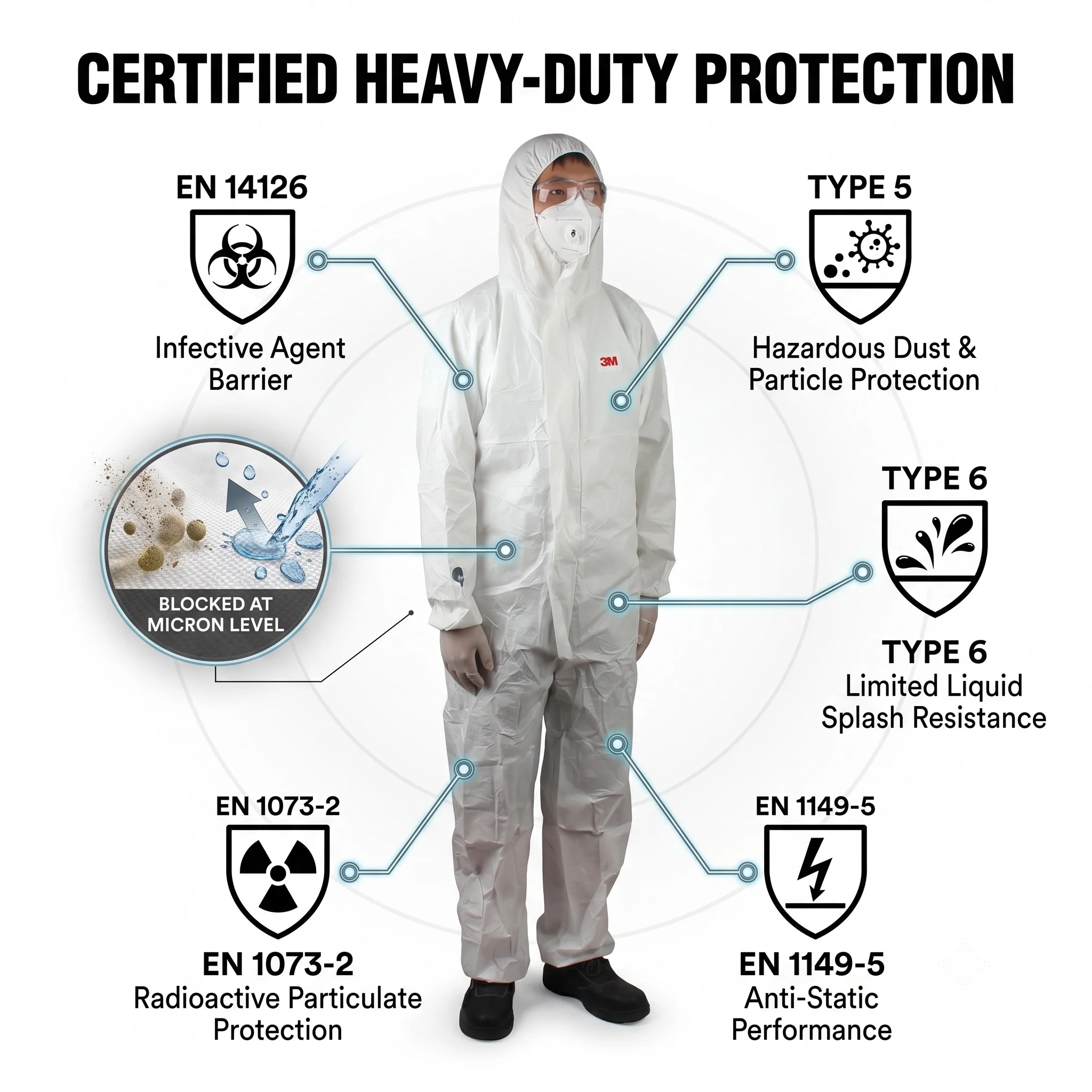 3M 4510 Disposable Protective Coveralls White Hooded Workwear Hazmat Suit Dust Proof Overalls Safety PPE Work Clothes Men Woman