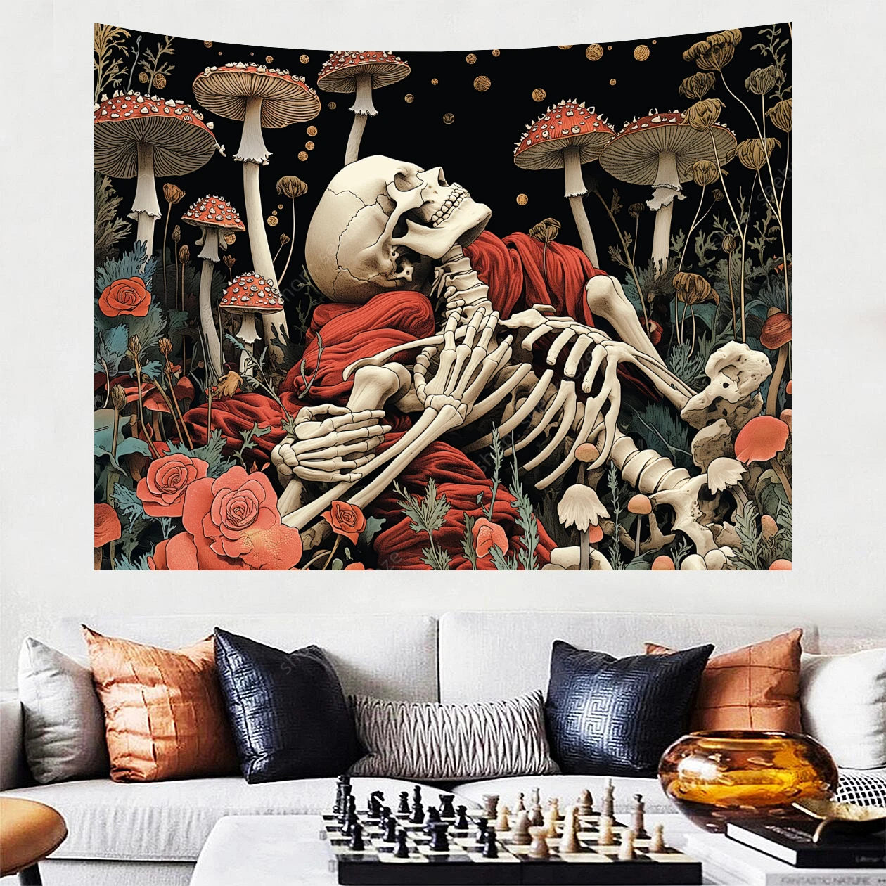 

Mushroom Skull Tapestry Skeleton Floral Plant Tapestries Nature Moon Wall Hanging for Bedroom Aesthetic Kawaii Room Dorm Decor