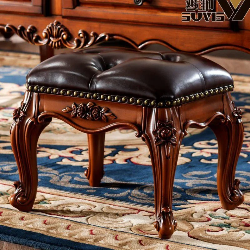 American Artistic Leather Sofa Chair - European Carved Coffee Table Bench, Stylish Shoe Bench for Living Room, Functional