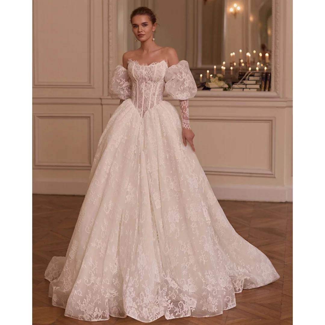 

Strapless Lace Corset Wedding Dresses A Line Pleat Bridal Gown Retro Party Dress Exquisite robe de mariée Customized