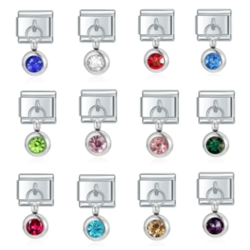 2025 Women Fashion Twelve Month Zircon Italian Charms Links Modular Fit 9mm Stainless Steel Elastic Bracelet DIY Making Jewelry