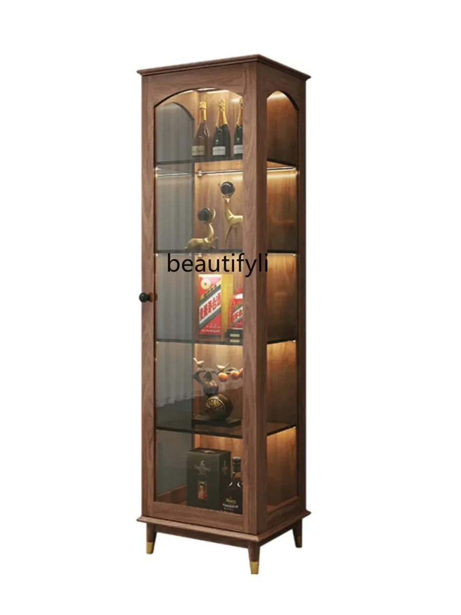 

cqyNorth America Black Walnut Wooden Liquor Cabinet Solid Wood Bookcase Display Cabinet Glass Multi-Functional Side Cabinet
