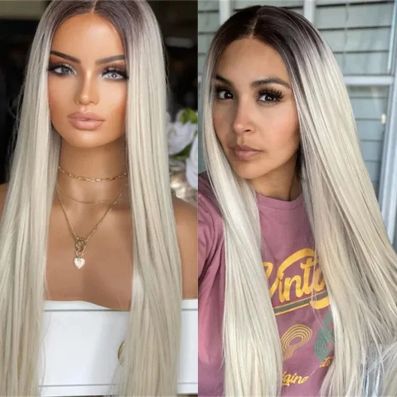 13x4 HD Lace Front Glueless Straight Wigs Ombre Ash Blonde Balayage Colored Wig Heat Resistant Luxury Synthetic Blended Fiber