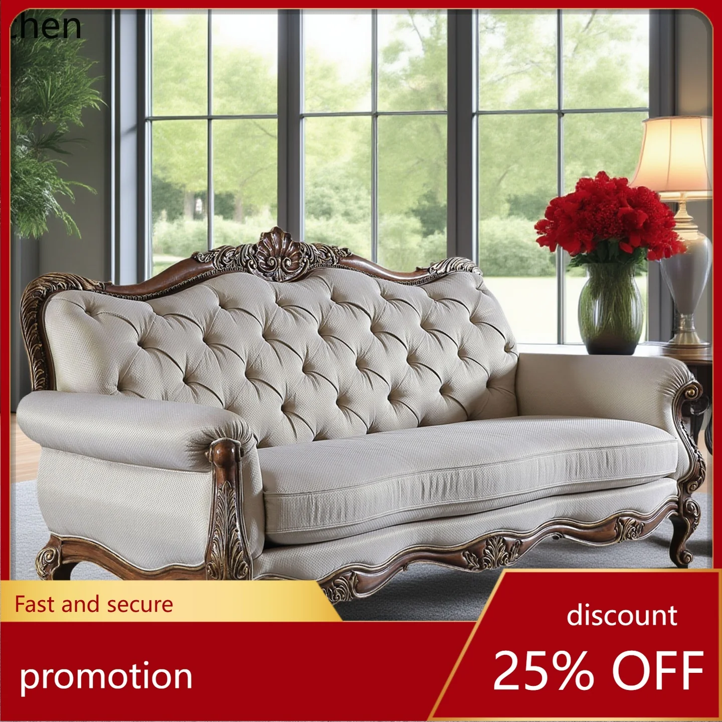 

ZML Solid Wood Combination Fabric Living Room Sofa New Classical Solid Wood Carved Single and Multi-person Sofa