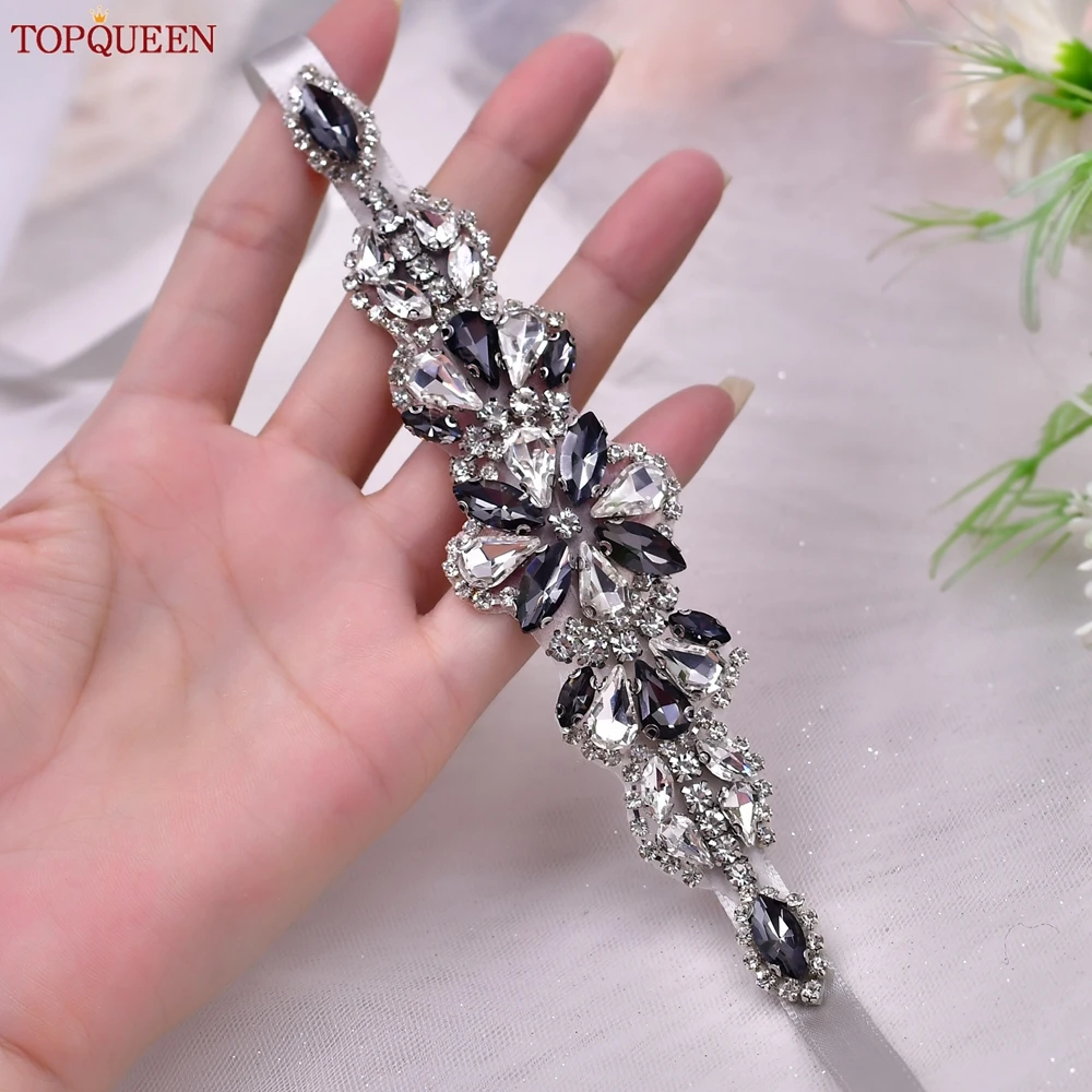 

TOPQUEEN Wedding Thin Belt Grey Rhinestone Applique Bridal Jewellery Belt Banquet Dress Waist Decoration Bridesmaid Sash S464-H