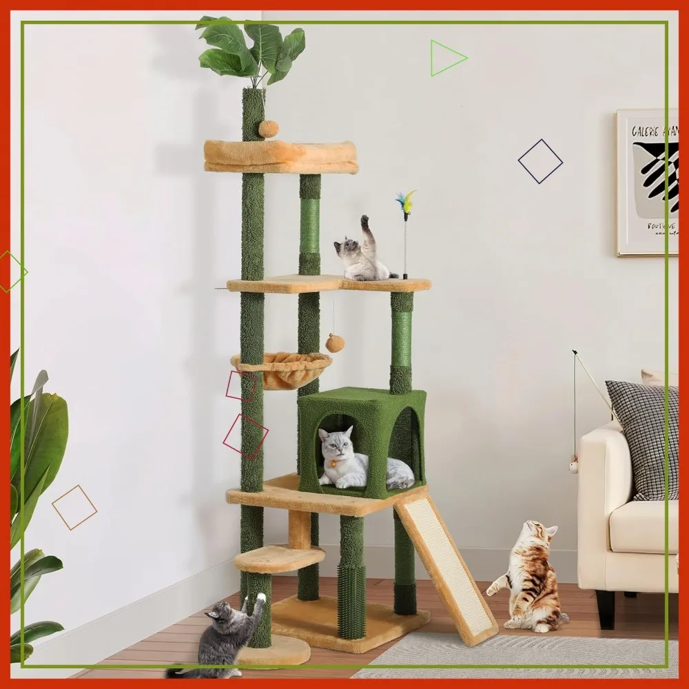 

Кошачья лежанка-башня высотой 72,8 дюйма с листьями, щеткой для самоочистки, лежанкой-корзиной, сизалевыми столбиками для домашних кошек - милый домик для лазания