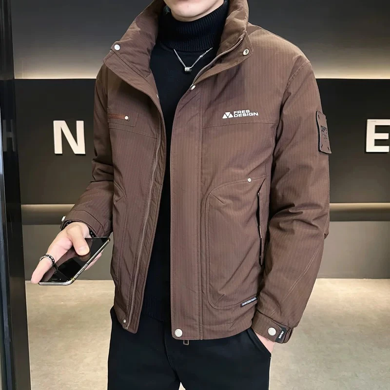 

Winter 2024 Men's Stand Collar down Jaet Thiened Warm Fce Lined ort Sle Faionable All Match Upper Apparel
