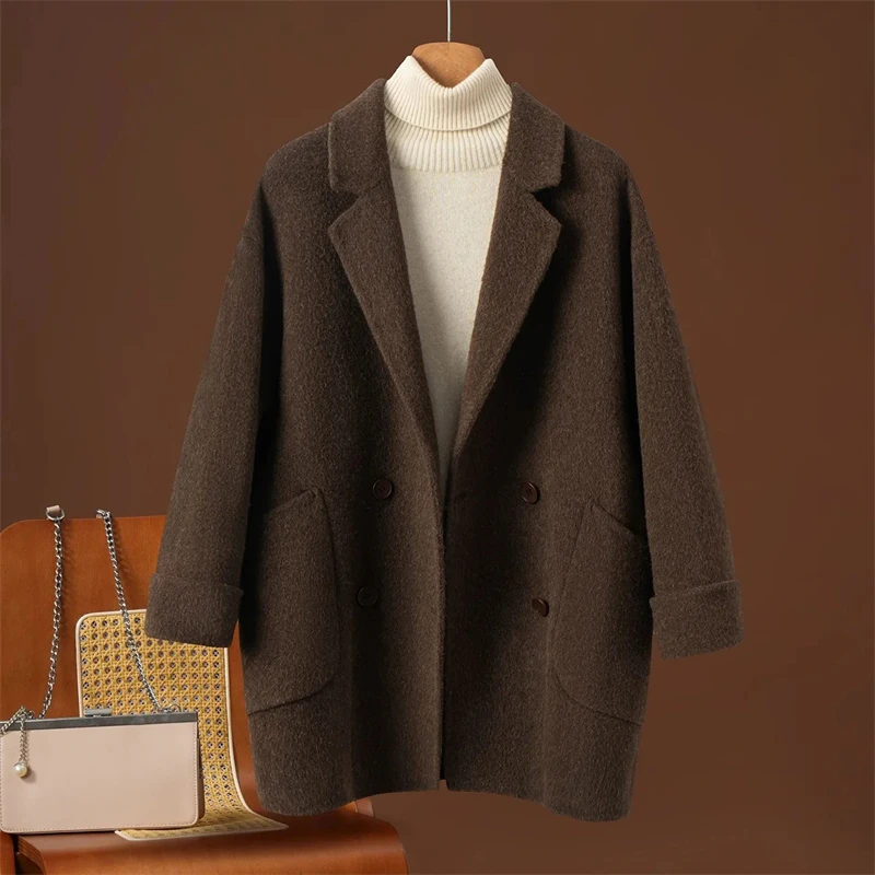 

Осень-зима, новое двустороннее шерстяное пальто, костюм с воротником-кофоном, рукава реглан, свободная женская шерстяная куртка, универсальная чистая верхняя одежда
