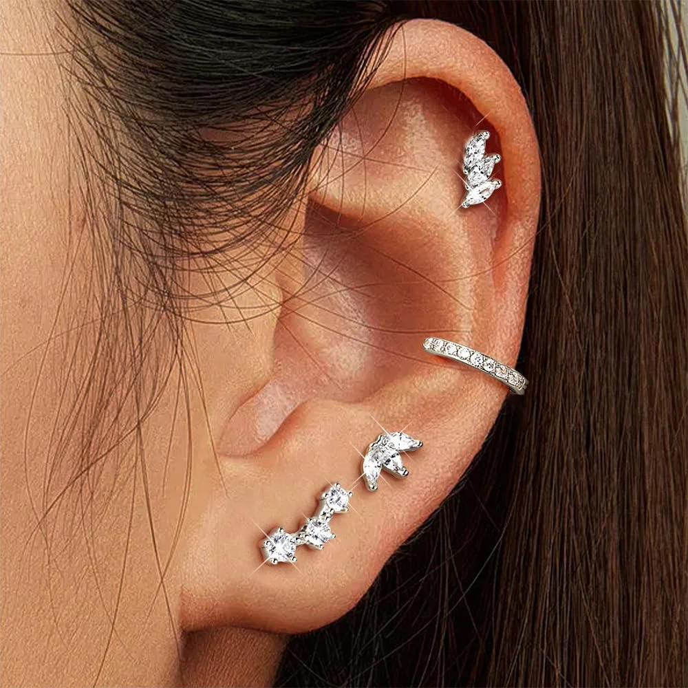 4PCS Stainless Zircon Little Butterfly Crown Ear Stud Earrings Set For Women Korean Crystal Helix Cartilage Piercing Jewelry