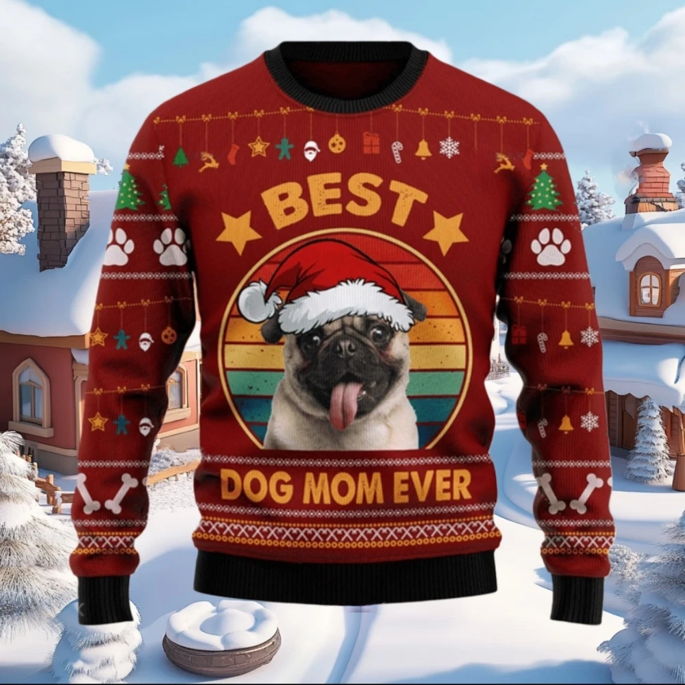 Christmas Theme Cute Pugs 3D Print Sweatshirts Merry Christmas Pull Dogs Graphic Ugly Christmas Sweater Holiday Party Jumper Top