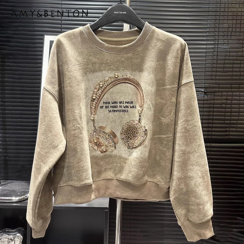 2024 Autumn New Heavy Industry Diamond-encrusted Printed Earphones Round Neck Short Sweatshirts Women's Loose Casual Top Hoodies