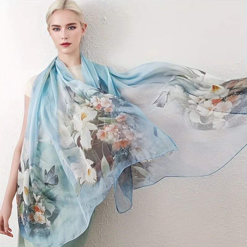 

Lightweight 100% Mulberry Silk Chiffon Scarf for Women Oblong Shawl Neck Scarf Beach Wrap Headscarf Gift Pack Sky Blue Floral