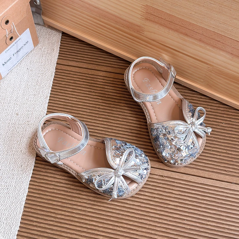 Girl Princess Dress Sandals Summer Elegant Children's Wedding Party Flat Sandals Fashion Sequin Bowtie Kids Chic Causal Sandals