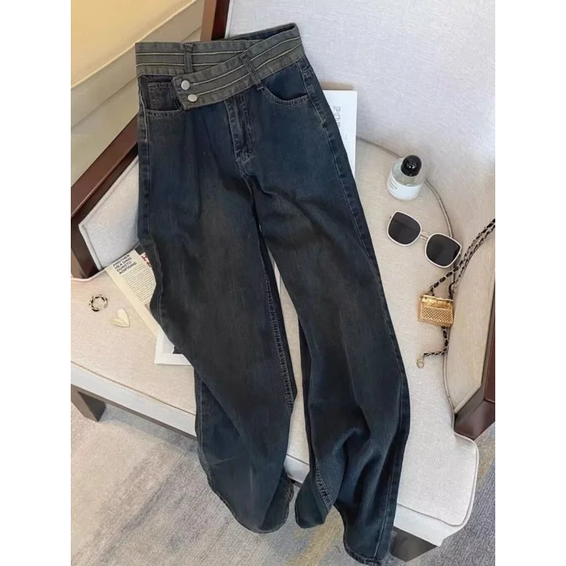 Retro Design Irregular High-waist Jeans Women in Spring and Autumn New Loose Straight Splicing Wide-leg Pants