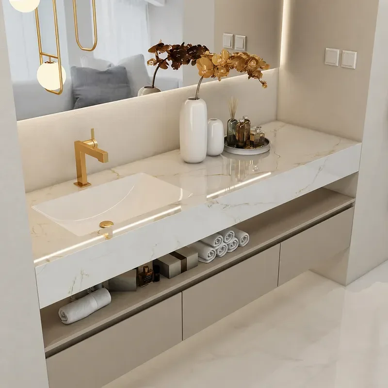 Modern Simple Integrated Rock Slab Bathroom Vanity Cabinet with Hand Wash Basin and Toilet Washbasin Set for Home Use