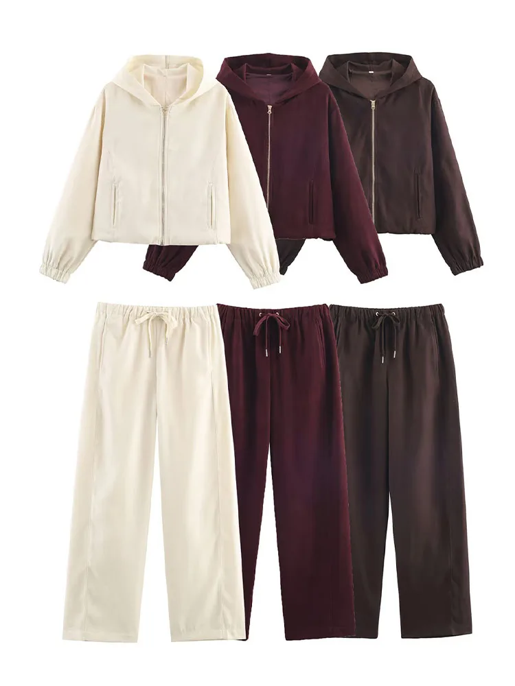 HH Frauen Mode Hosen Anzug Solide Lange Ärmel Tasche Mit Kapuze Zipper Kurze Jacke + Casual Lose Kordelzug Straße Breite bein Hosen