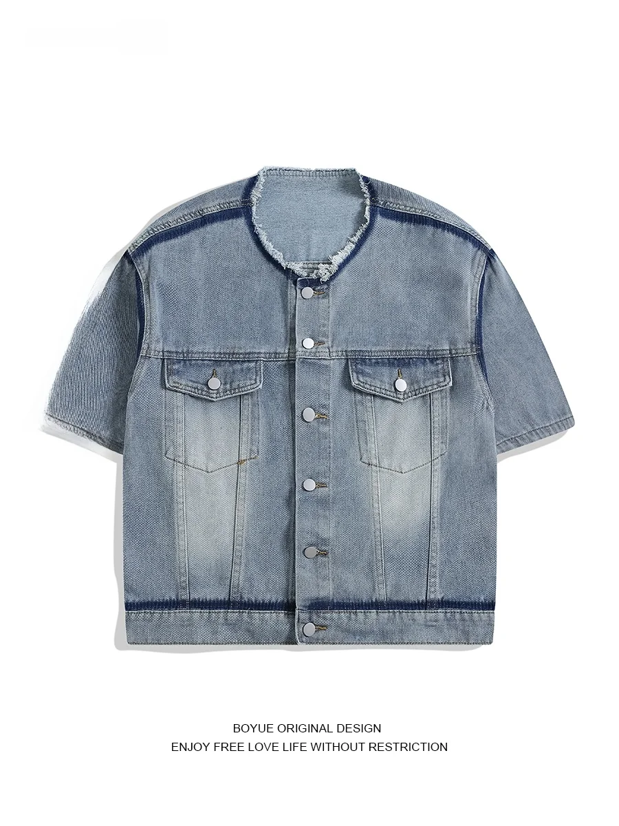 

Мужская джинсовая рубашка Boyue с подплечниками, короткий рукав, для уличных танцев, модная, в стиле хип-хоп, модель M, свободный крой, летняя, молодежная, с круглым вырезом, без воротника.
