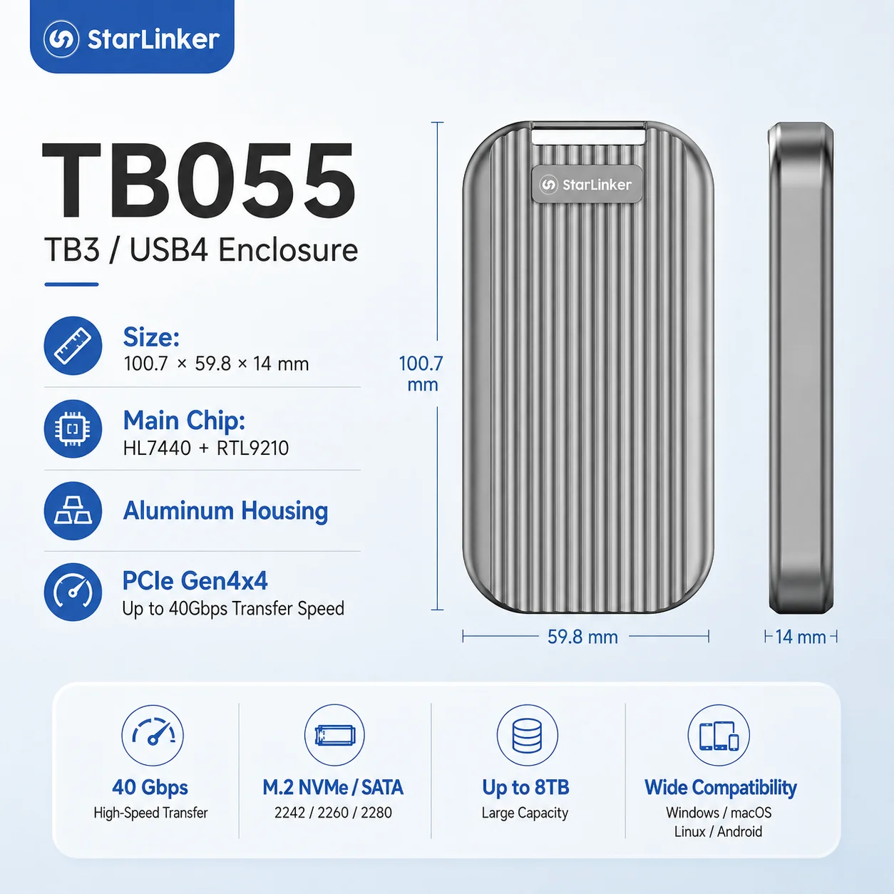 Thunderbolt 3/USB4 M.2 NVMe/SATA SSD Enclosure, 40Gbps PCIe Gen4x4, 8TB Max, Aluminum Case for 2230/2242/2260/2280 SSDs