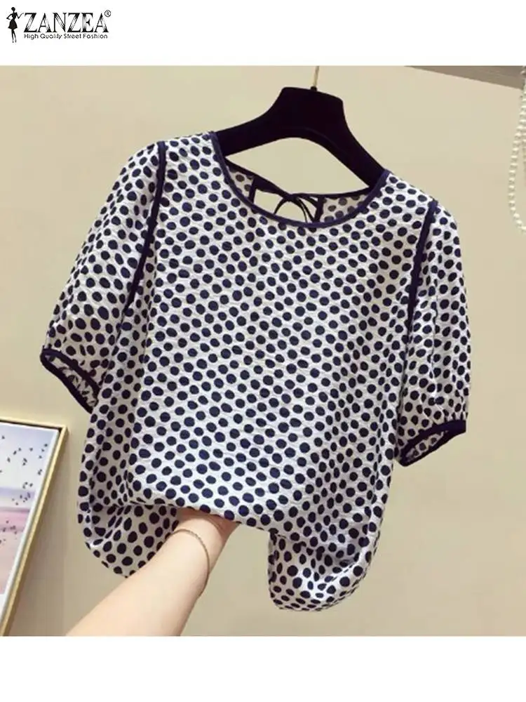 ZANZEA Casual Loose Women Blusas Mujer 2024 Summer Stylish Tied Back O Neck Puff Sleeve Tunic Tops Polka Dot Elegant Blouses