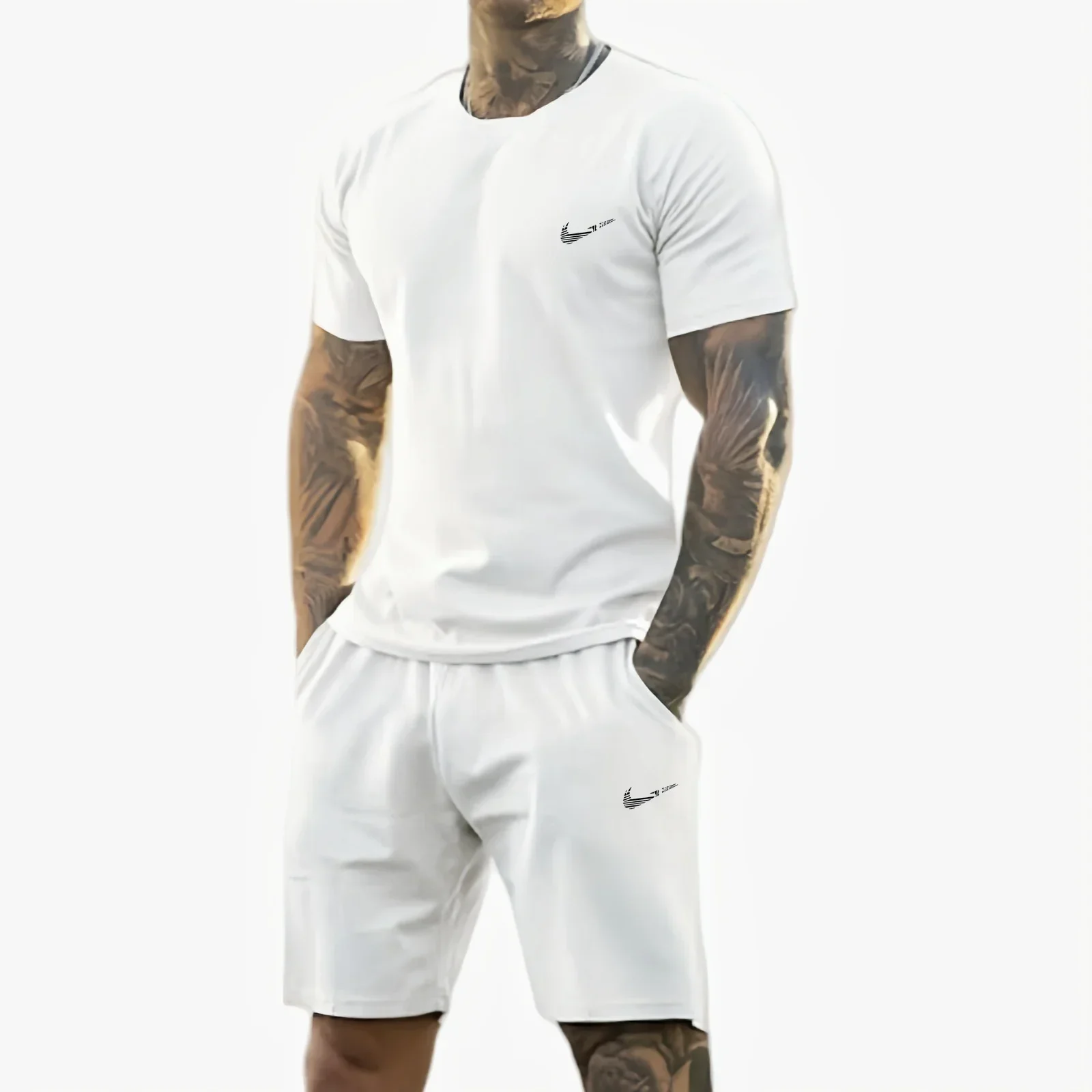 2025 여름 신상 남성 프린트 반팔 티셔츠 + 반바지 세트, 캐주얼 스포츠웨어, 통기성 좋은 야외 캐주얼 남성 티셔츠
