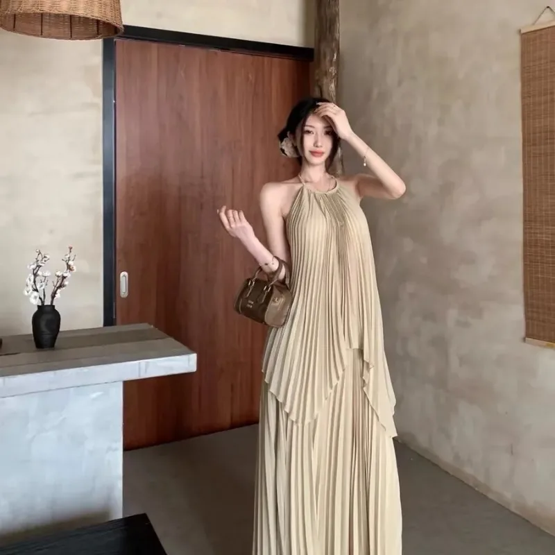 

Women's Beige Halter Neck Pleated Maxi Dress Sleeveless Flowy Resort Party Dress