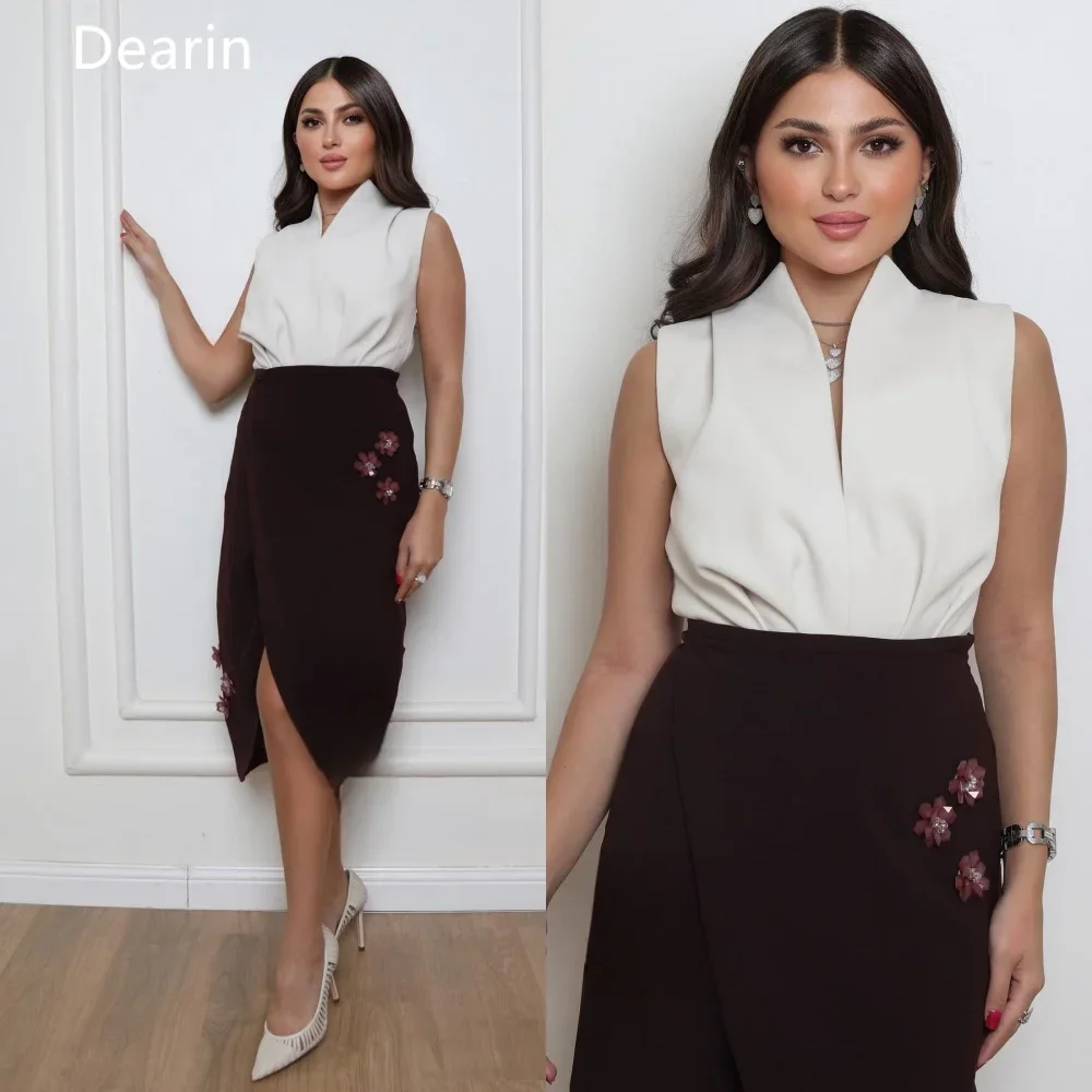 

Customized Formal Dress Saudi Arabia Dearin High Collar Column Tea Length Skirts Flower Bespoke Occasion Dresses Prom Evening Go