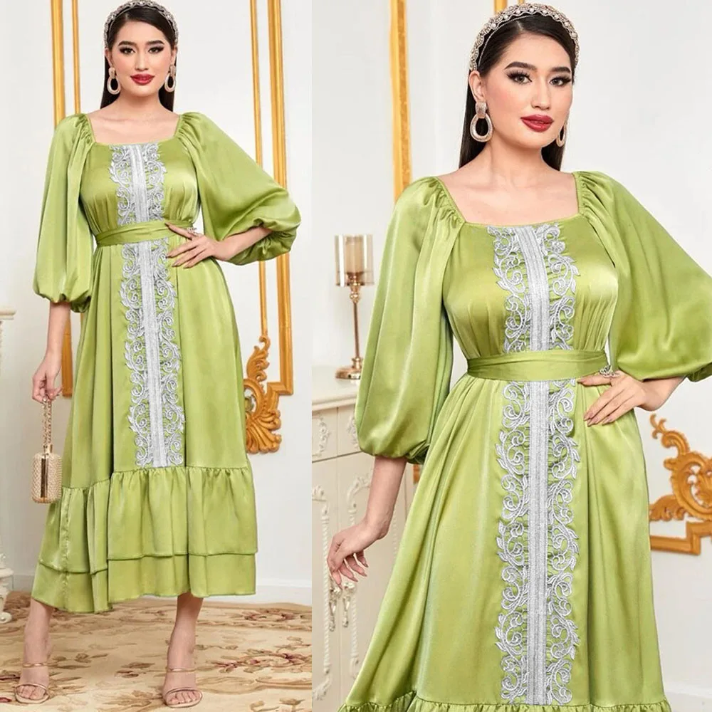 

Fashion Dubai Kaftan Women Muslim Satin Evening Party Dress Lace Abaya Islamic Jalabiya Saudi Arabic Robe Turkey Morocco Vestido