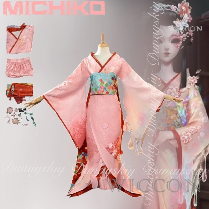 

Identity V Michiko, регулятор для косплея, плавящаяся слеза, янтарно-розовое платье, черный парик с приподнятой головкой, все комплекты