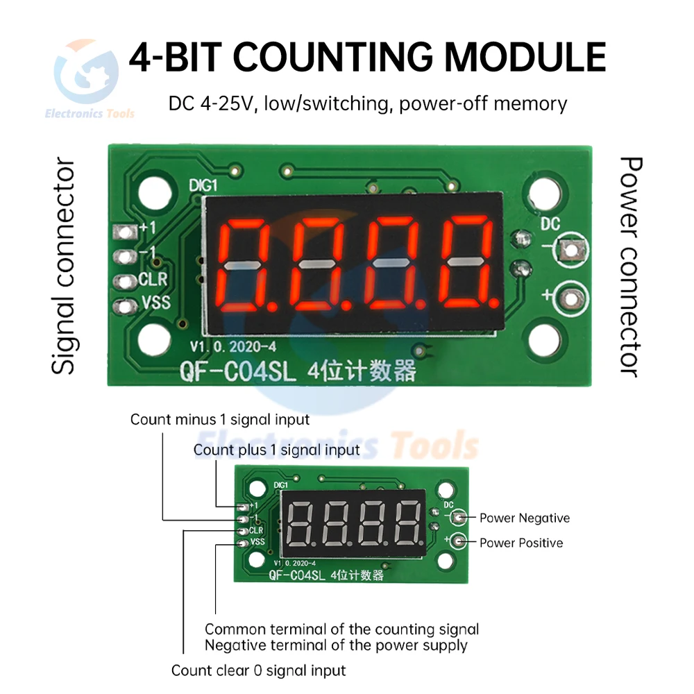 0-9999 DC 4-25V Electronic Digital Counter Module LED Low-Level Switching Counter Module With Power Cut Memory Function Board
