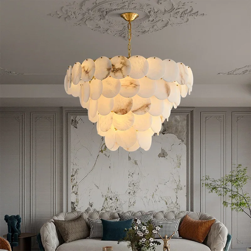 Natural Marble Collection LED Dimmable High Ceiling Chandelier Lighting Lustre Suspension Luminaire Lampen For Liiving Room