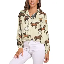 Camicetta da cavallo al tramonto stampa animale fresca camicette grafiche graziose donna camicia semplice a maniche lunghe autunno top oversize