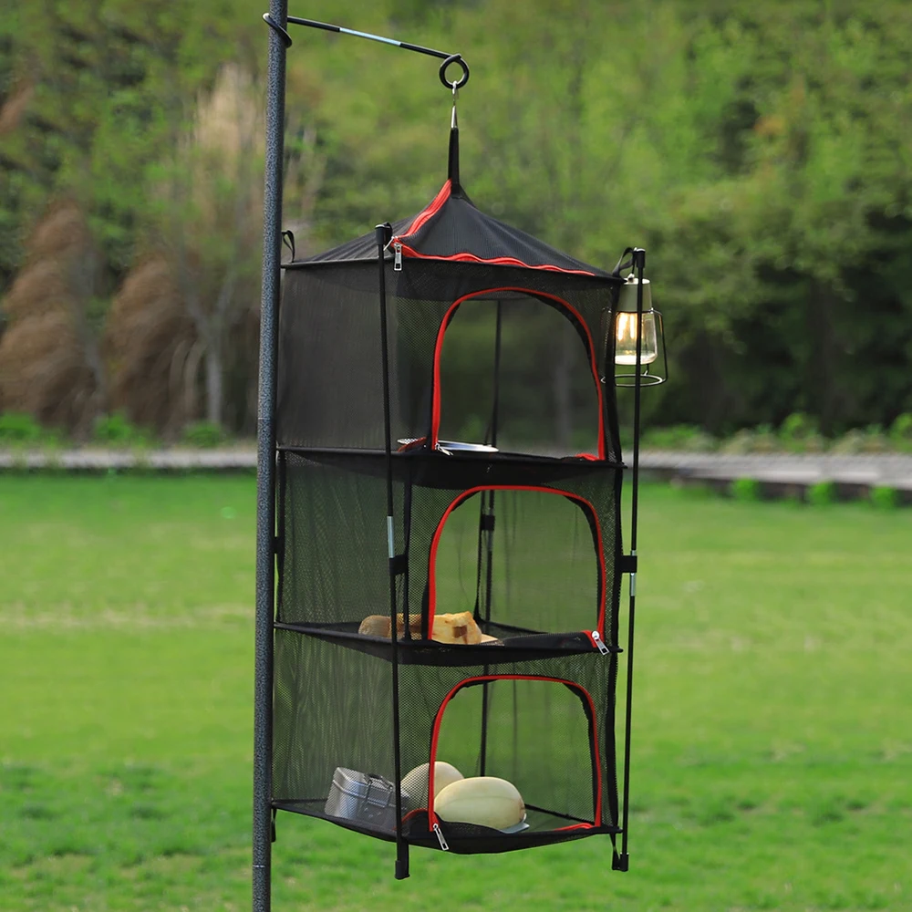 Camping Storage Drying Net 3 Layer Outdoor Hanging Mesh Drying Rack Net Basket with Poles for Cookware Tableware Plates Fruit