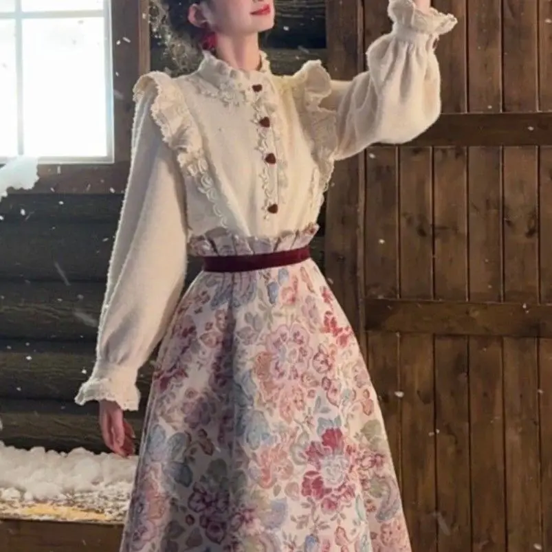 Autumn and Winter Temperament Slimming French Retro Design Feeling Gentle Ruffle Edge Shirt Half Body Skirt Set