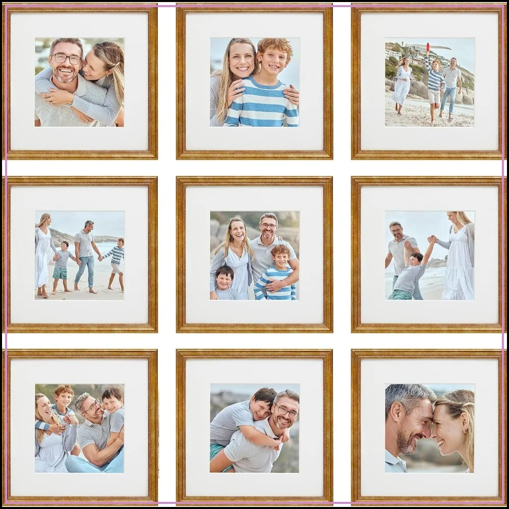9 Piece Gallery Wall Frame Set, 12x12 Inch, Beaded Antique Bronze, Versatile Display for Photos & Art