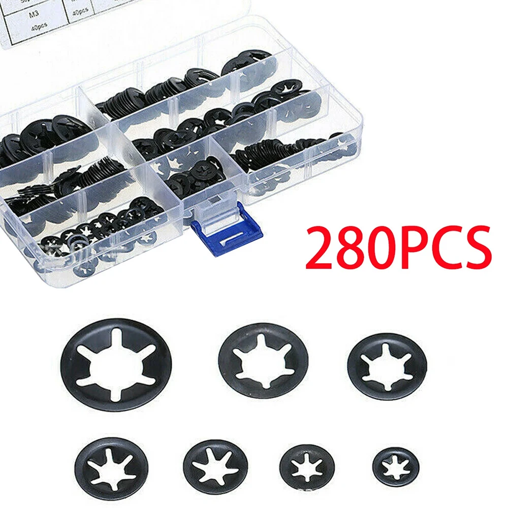 280/340pcs M3-M12 External Circlip Self-Locking Retaining Clip Push On Shaft Bearing Snap Ring Washer Kit Set Black 65mn Steel