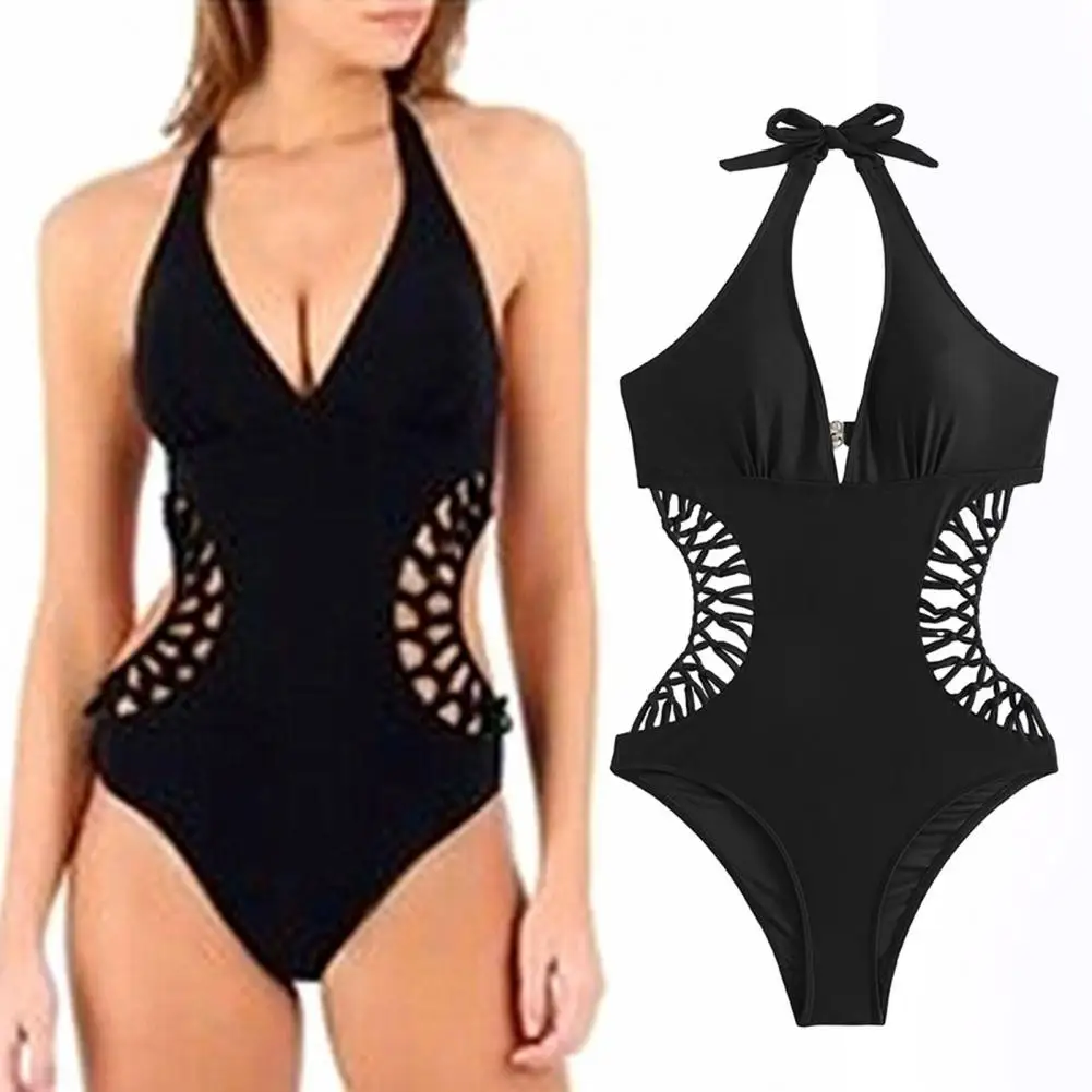 Monokini elegante para mulheres, maiô de praia, detalhamento trançado, cintura alta, design sem costas, férias ou praia