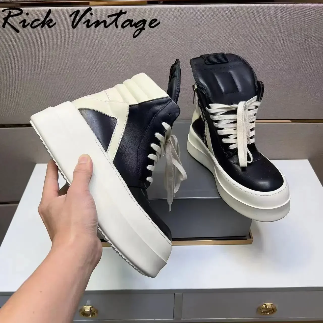 Rick Vintage mężczyźni kobiety wysokie buty na platformie skórzane sznurowane trampki gruba podeszwa 7cm czarne luksusowe buty designerskie Rick