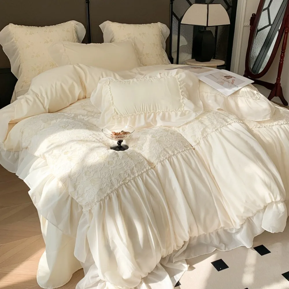 French Light Luxury Lace Skin-friendly Cotton Four-piece Princess Style Quilt Cover Milk White Bed Sheet Pillowcase Bedding Set