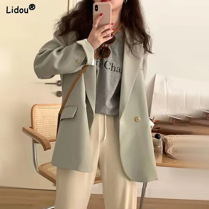 Women's Clothing Fashion Business Casual Loose Office Lady Formal Button Solid Color Pockets Notched Thin Spring Summer Blazers